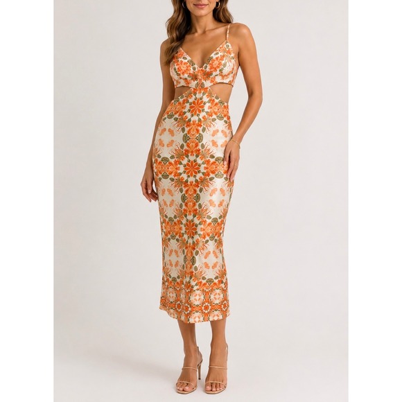 House of Harlow 1960 Dresses & Skirts - House of Harlow Midi Dress Floral Cutout Satin Slip Sleeveless Orange Size Small